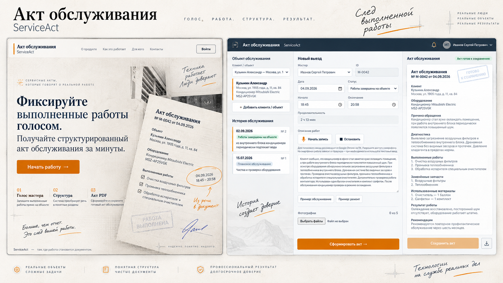 ServiceAct — полная композиция продукта: презентация, акт обслуживания и рабочее пространство